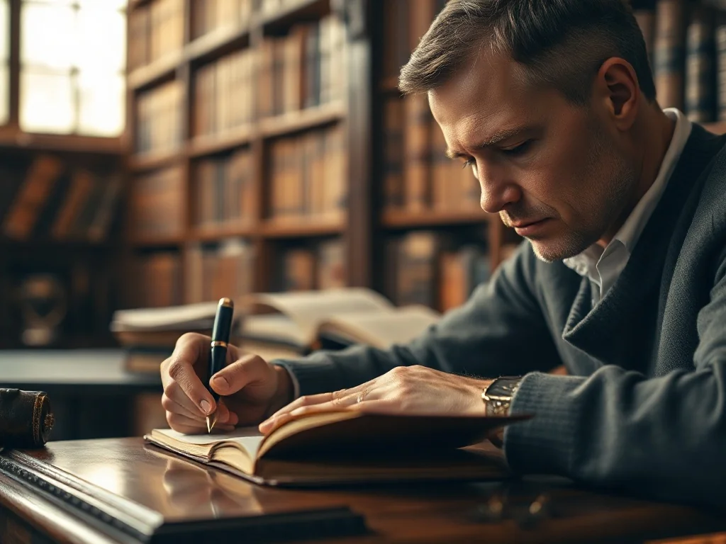 Mężczyzna piszący piórem w notatniku na tle biblioteki, podkreślający akademicki charakter tekstu o poprawnej polszczyźnie.