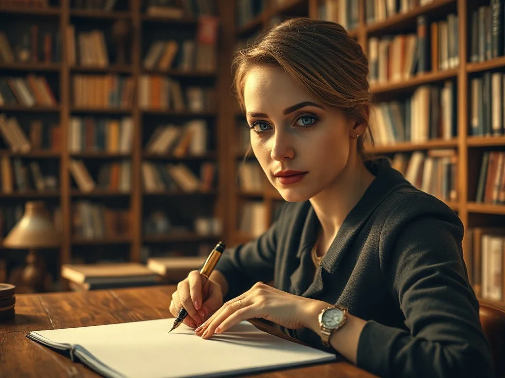 Kobieta skupiona na pisaniu piórem przy drewnianym biurku w przytulnej bibliotece, co ilustruje proces tworzenia tekstów.