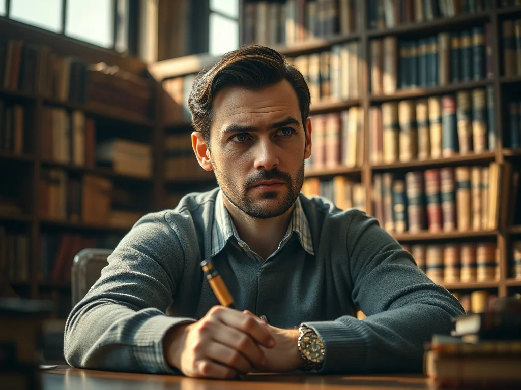 Mężczyzna z piórem w dłoni siedzący przy biurku w bibliotece, zastanawiający się nad wyborem odpowiedniego słowa.