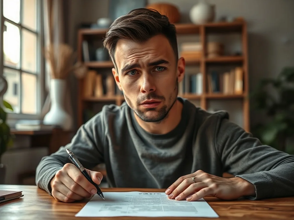 Mężczyzna siedzący przy biurku z długopisem w ręku, wyglądający na zdezorientowanego podczas pisania na czystej kartce papieru.