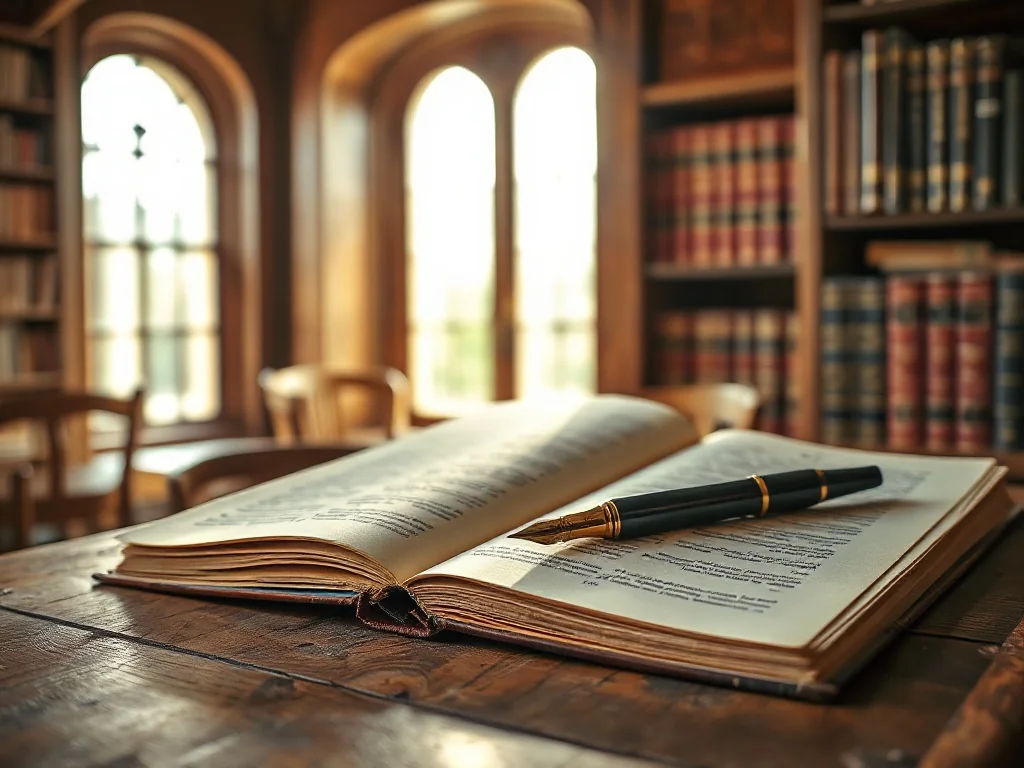 Otwarte zabytkowe słowniki i pióro wieczne na drewnianym biurku w bibliotece, podkreślające akademicki charakter tekstu.