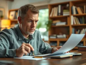 Mężczyzna siedzący przy biurku z długopisem w ręku, wyglądający na zdezorientowanego podczas pisania na czystej kartce papieru.